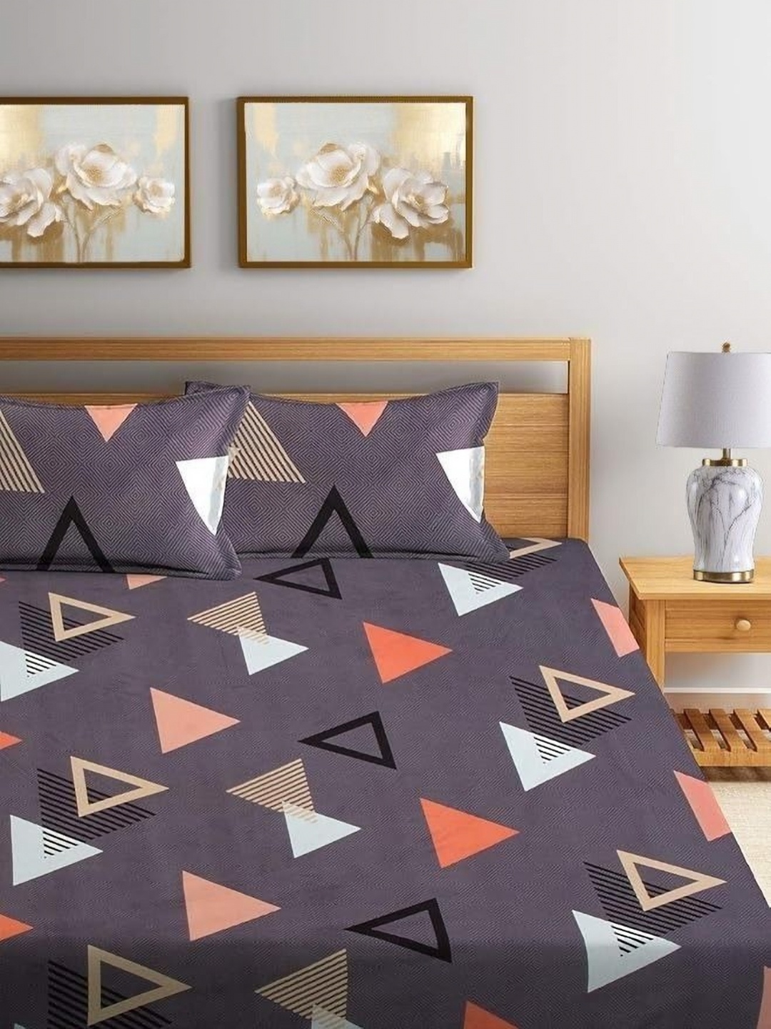 

MORADO Brown & Pink Geometric Printed 210 TC Queen Bedsheet with 2 Pillow Covers
