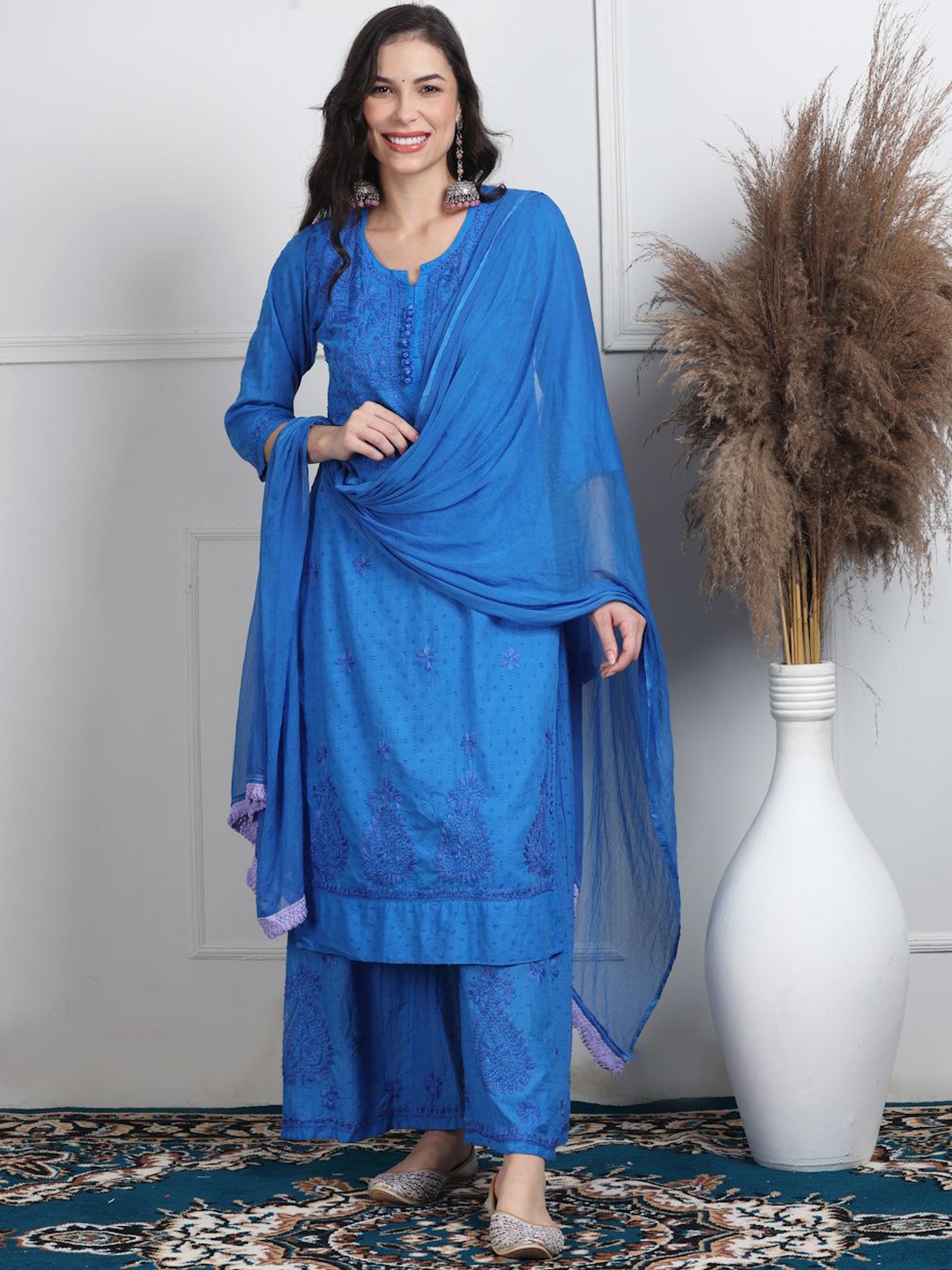 

KHAKA Floral Embroidered Chikankari Pure Cotton Kurta with Palazzos & Dupatta, Blue