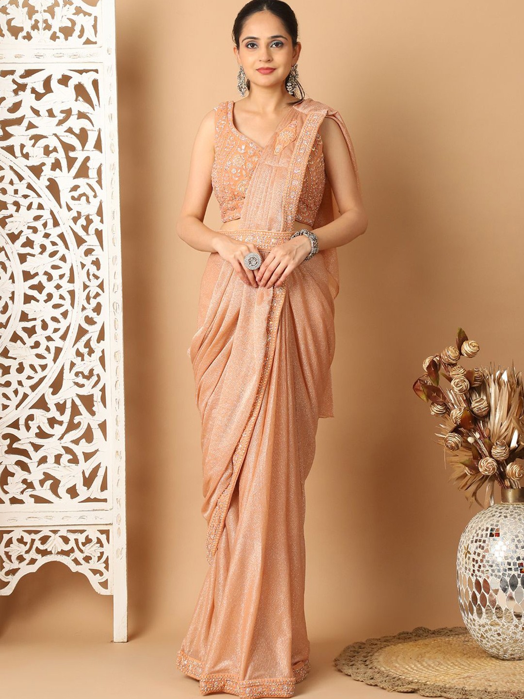 

Grancy Embellished Beads and Stones Ready to Wear Saree, Beige