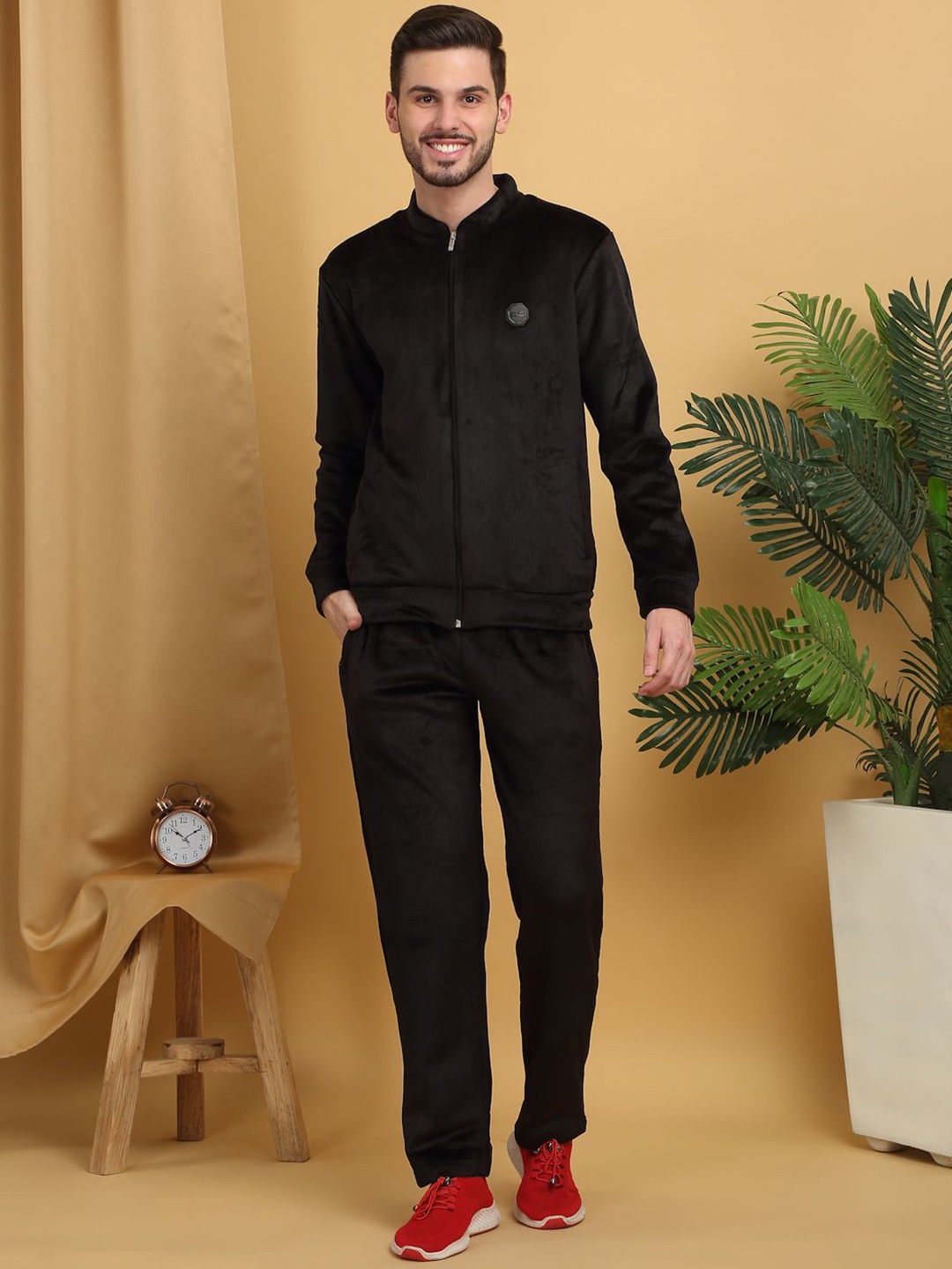 

Sweet Dreams Men Solid Mock Collar Tracksuit, Black