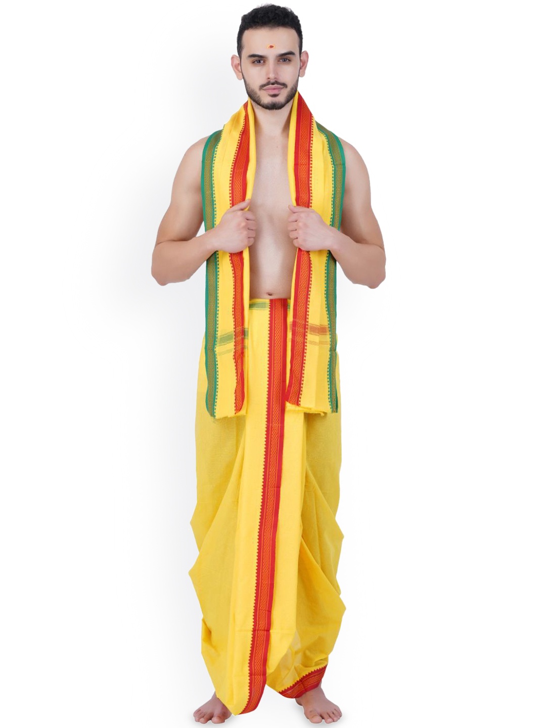 

Ethazh Men Cotton Dhoti & Angavasthram with Woven Border, Yellow