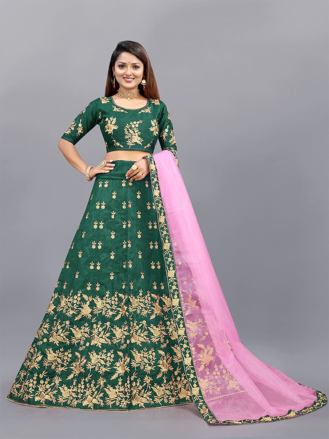 

APNISHA Embroidered Semi Stitched Lehenga & Unstitched Blouse With Dupatta, Green