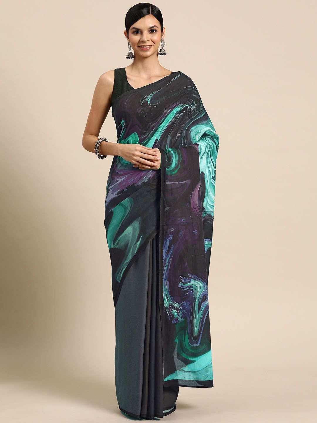 

BUTA BUTI Abstract Printed Pure Cotton Saree, Sea green