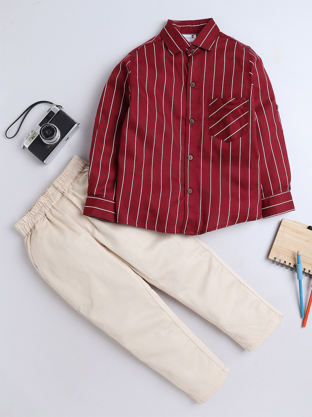 

BAATCHEET Boys Striped Cotton Shirt with Trousers, Red