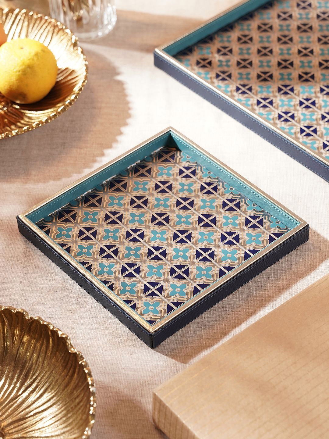 

Pure Home and Living Blue & Teal Printed Glass Serving Tray