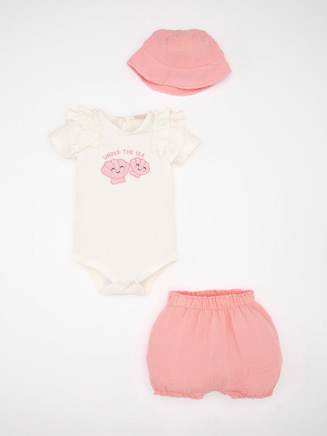 

DeFacto Girls Printed Pure Cotton Leotard With Short And Cap, White