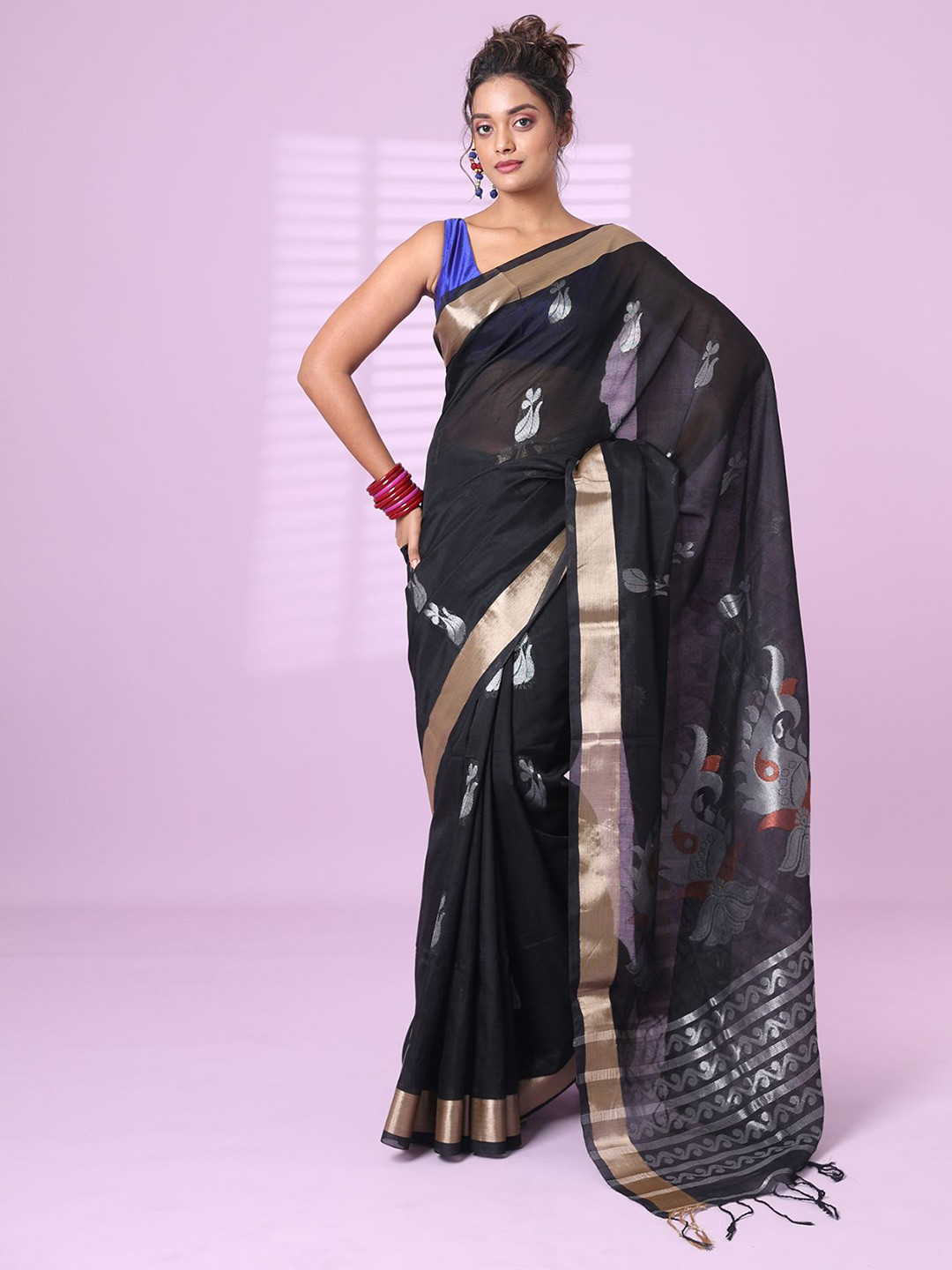 

Charukriti Ethnic Motifs Zari Saree, Black