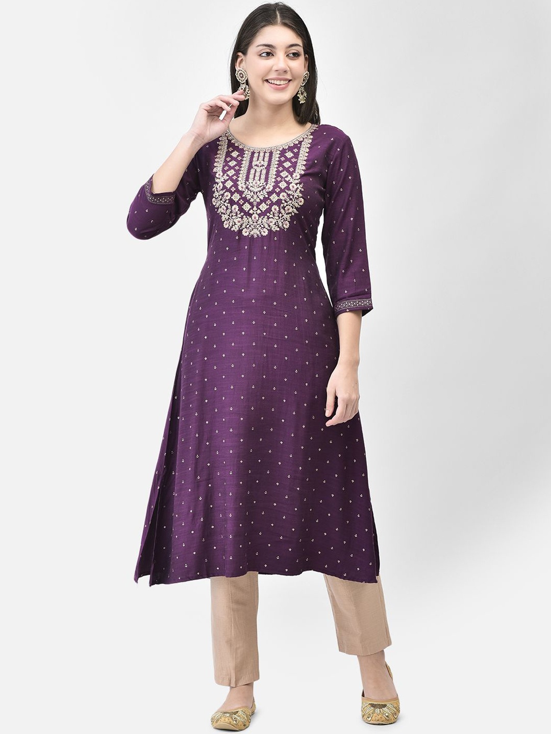 

Span Floral Embroidered Round Neck A Line Kurta, Purple
