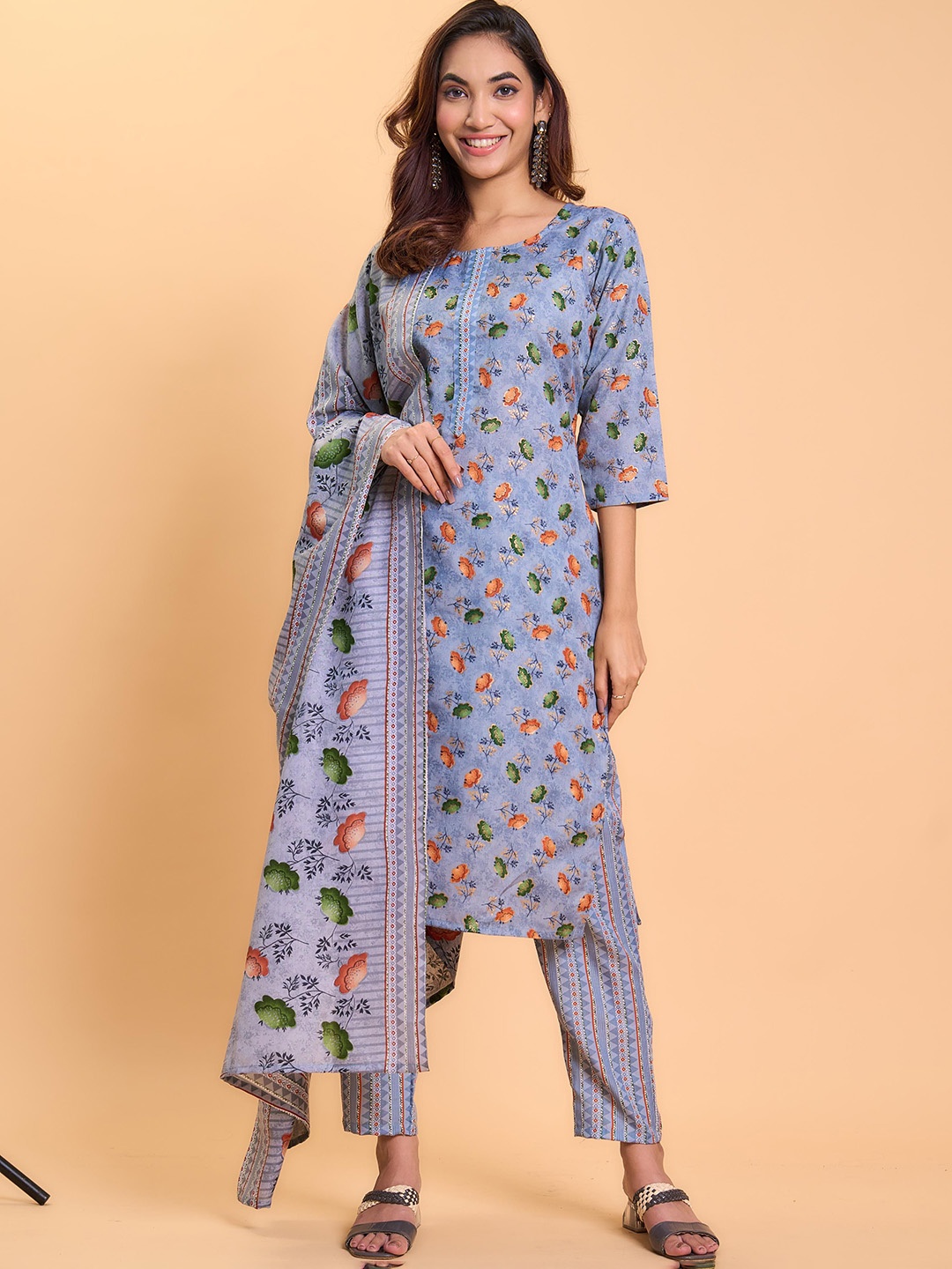 

HERE&NOW Floral Printed Straight Kurta with Trousers & Dupatta, Grey