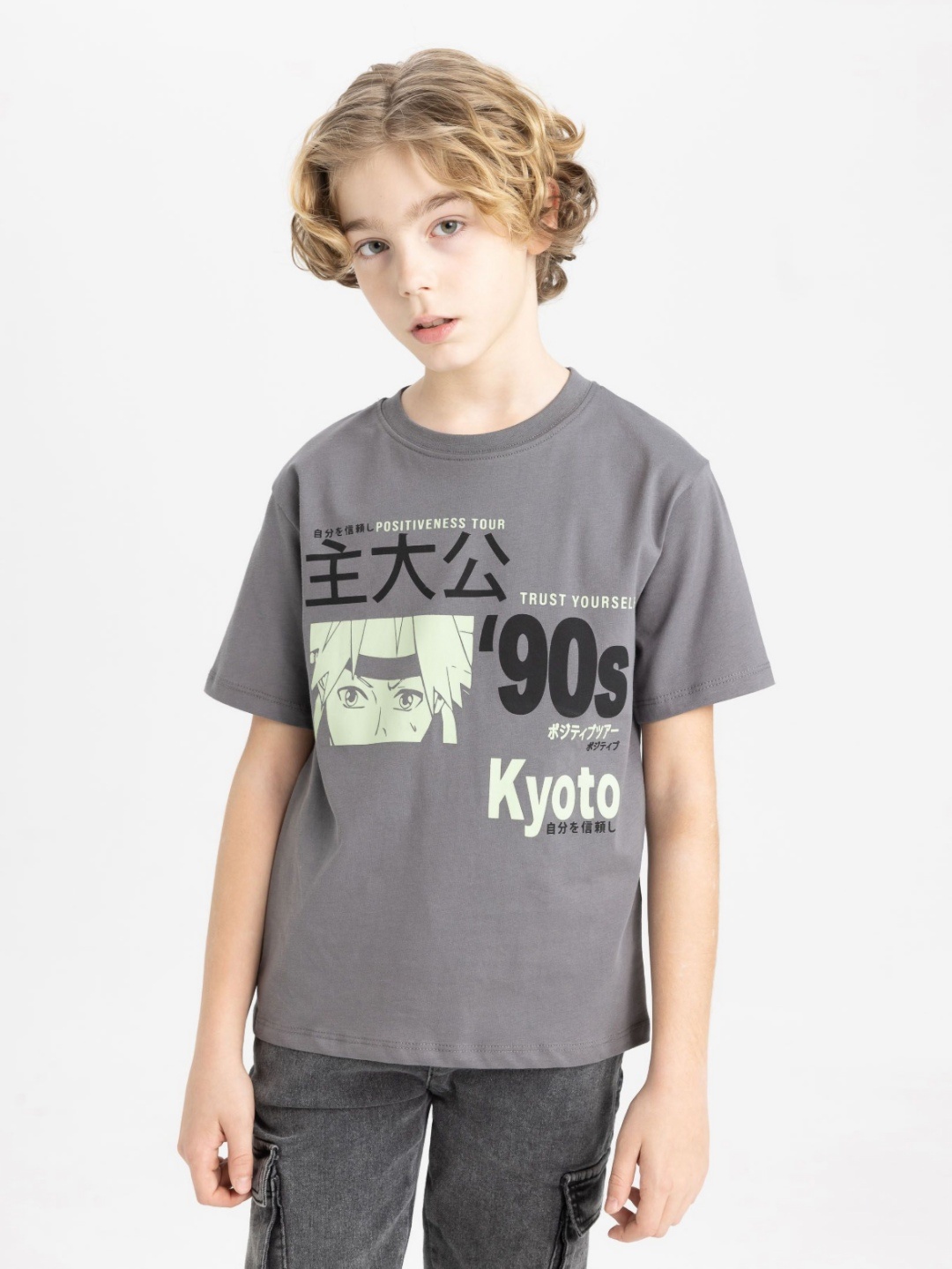 

DeFacto Boys Typography Printed Round Neck Cotton T-shirt, Grey