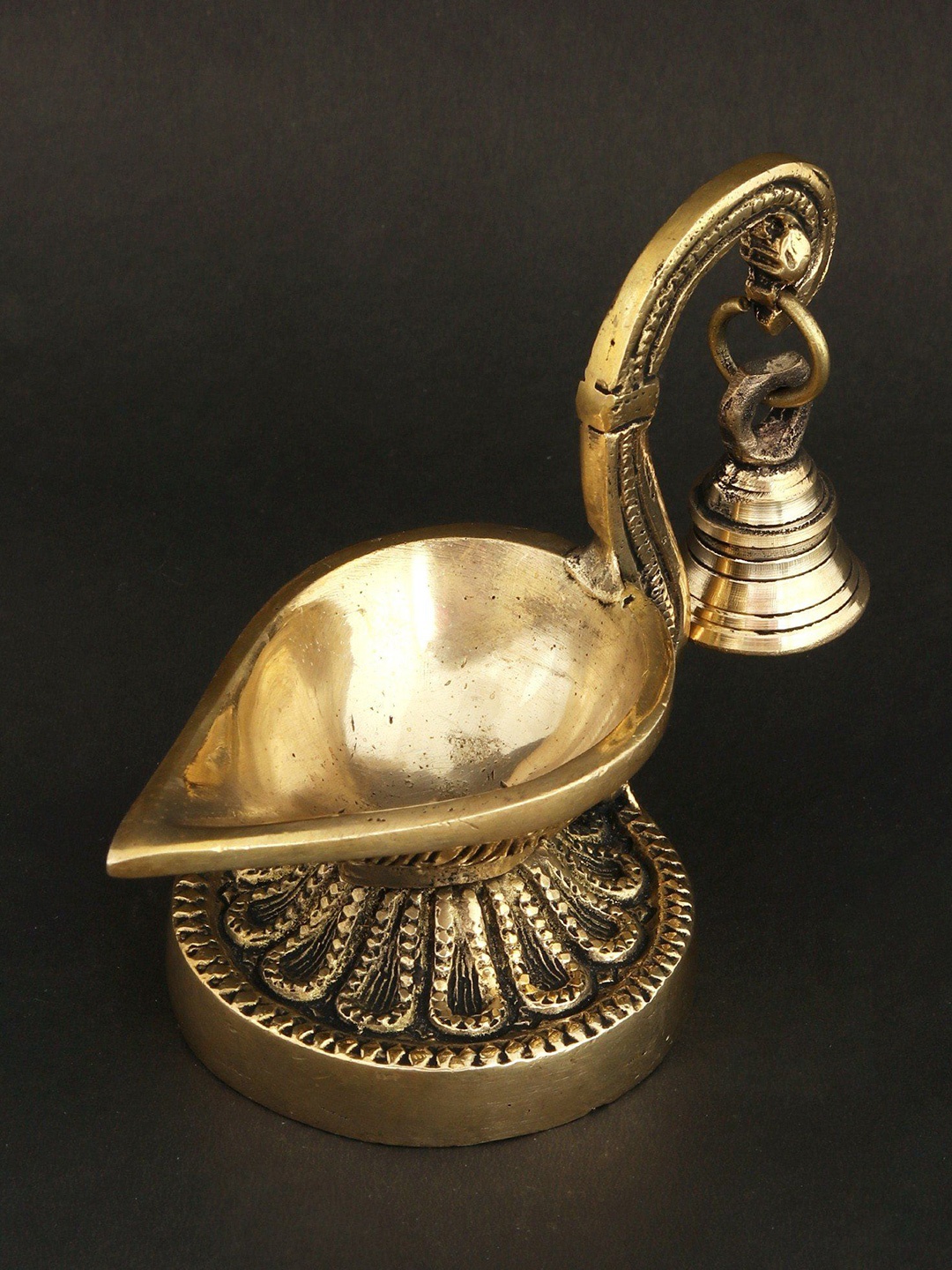 

Exotic India 5" Brass Handheld Ritual Lamp with Bell, Gold