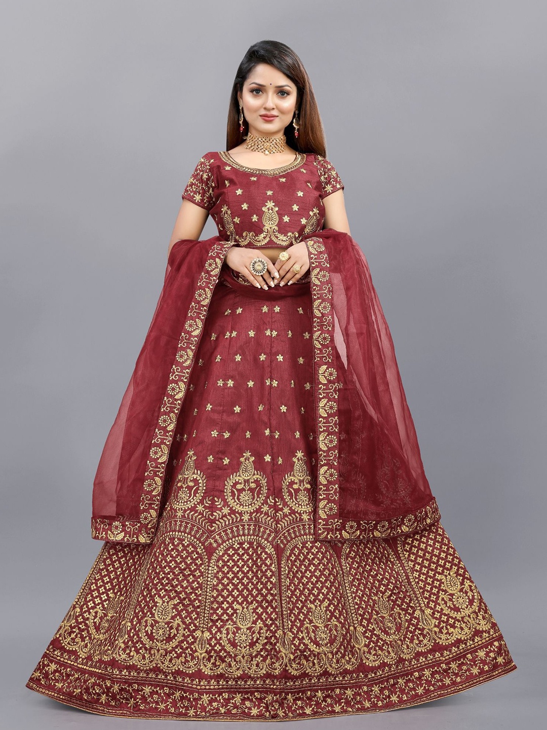 

APNISHA Embroidered Semi Stitched Lehenga & Unstitched Blouse With Dupatta, Maroon