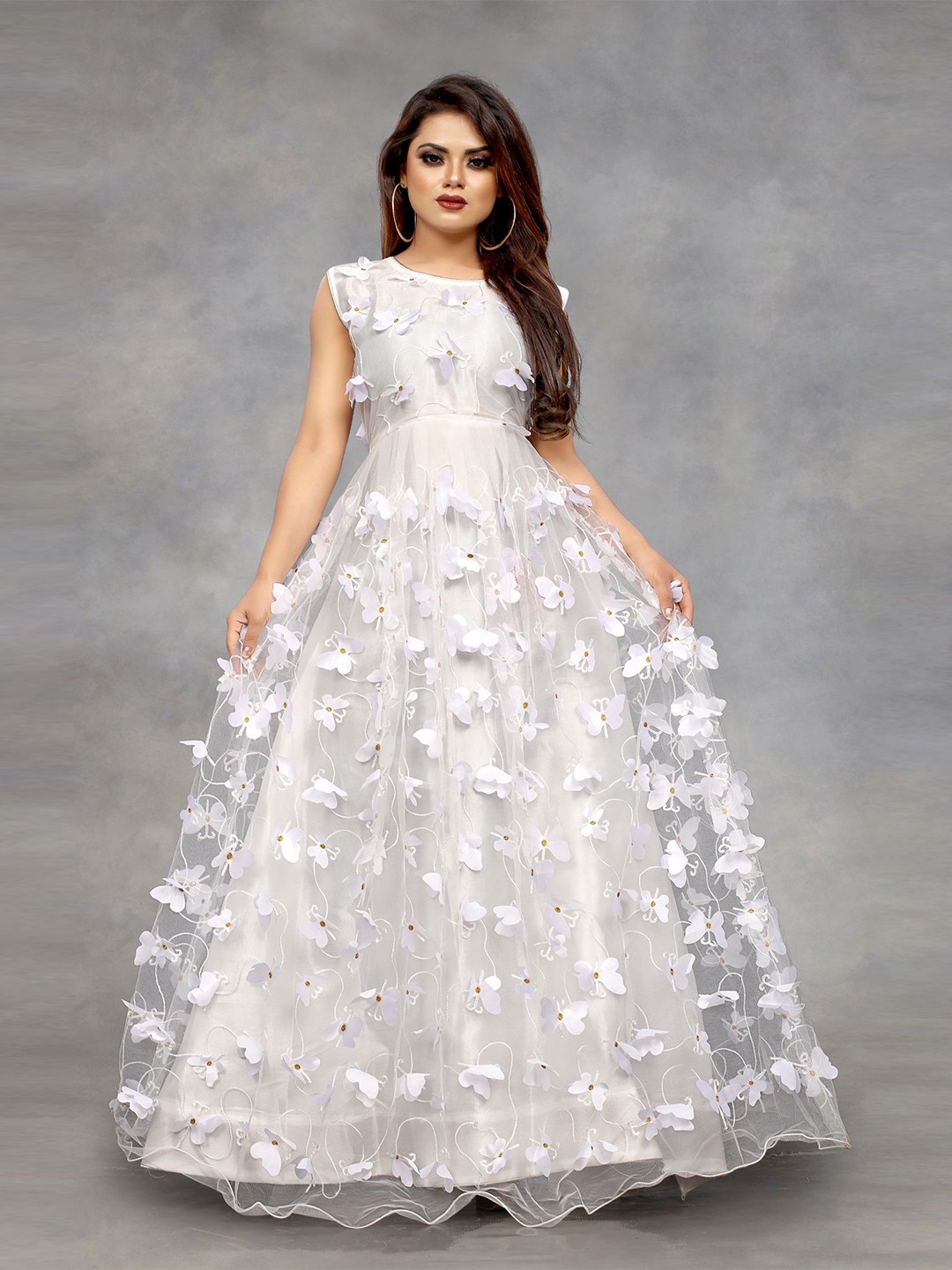 

Aika Floral Embroidered Net Fit & Flare Maxi Dress, White