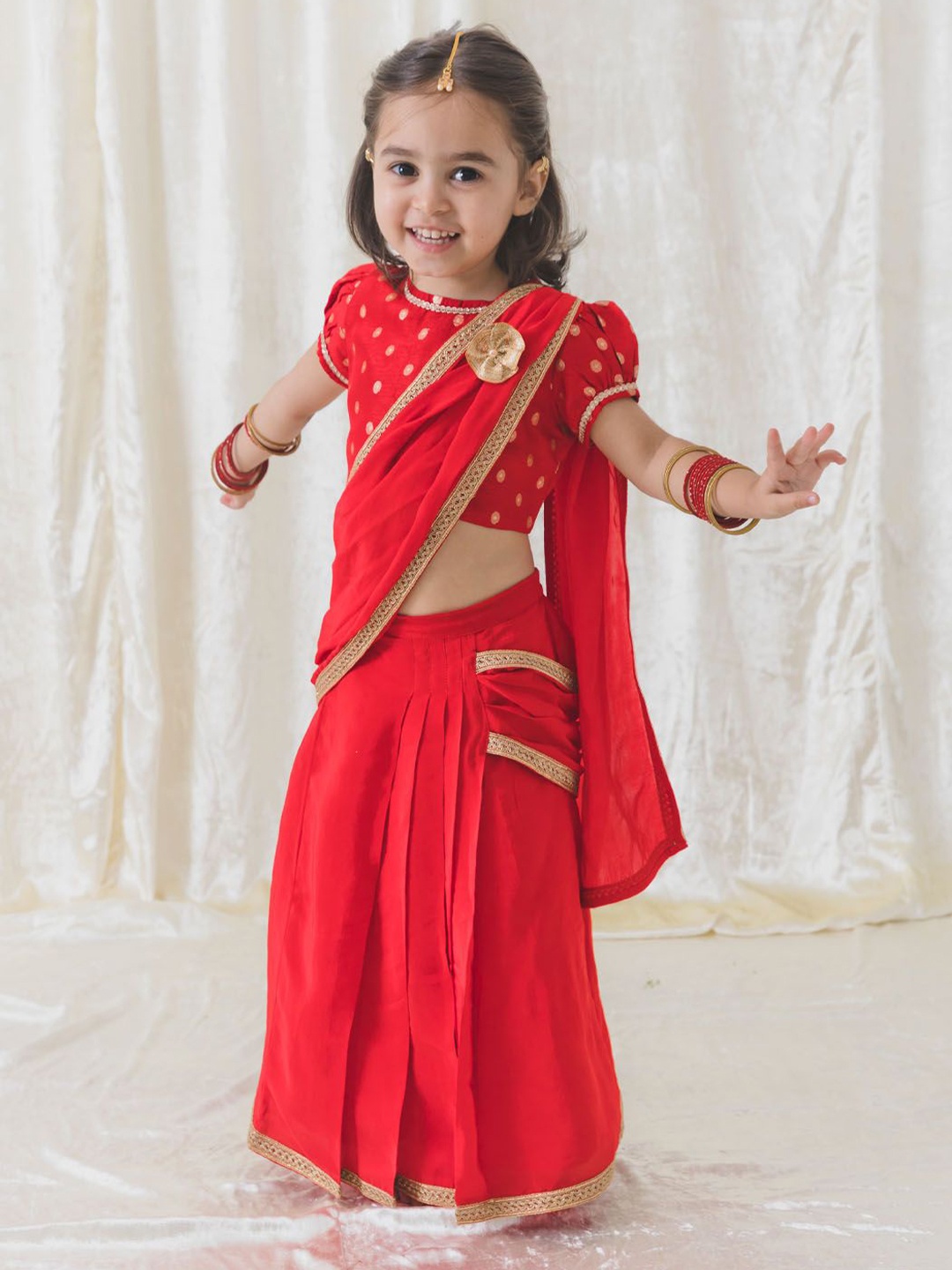 

Tiber Taber Girls Solid Ready to Wear Saree With Gota Patti work, Red