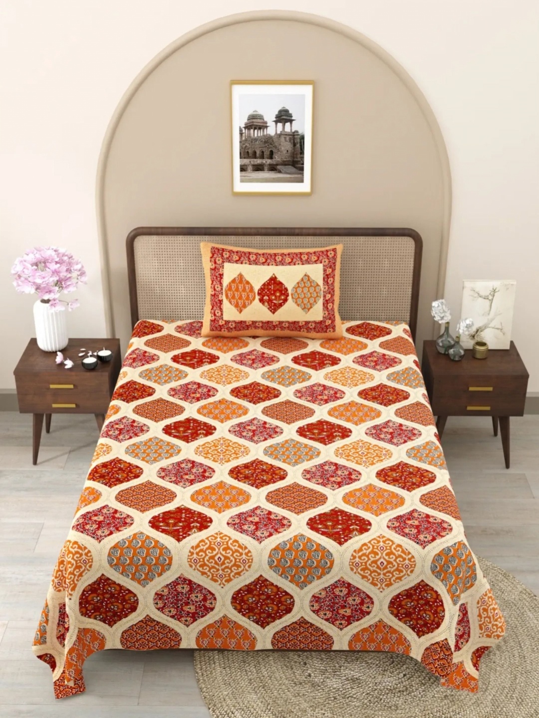 

LIVING ROOTS Orange & Red Ethnic Motifs 144 TC Cotton Single Bedsheet with 1 Pillow Covers