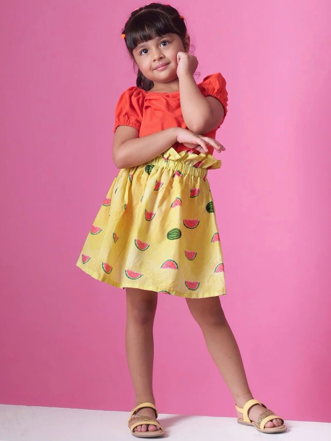 

Miko Lolo Girls Watermelon Printed Organic Cotton Flared Skirt, Yellow