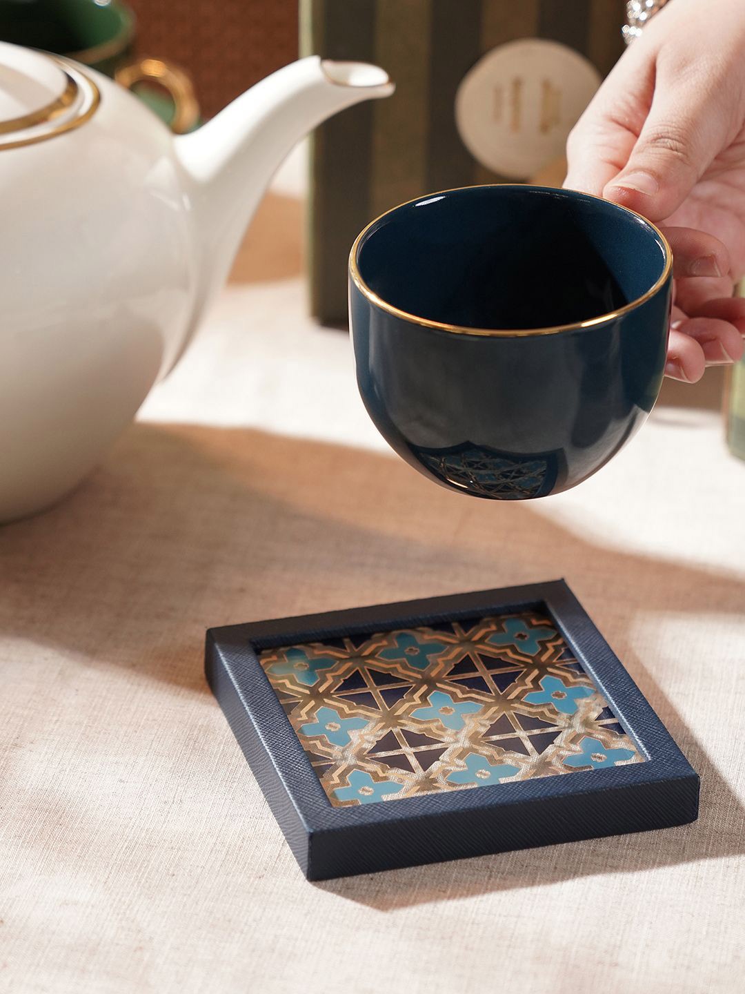 

Pure Home and Living Blue & Beige Printed Leather Coasters