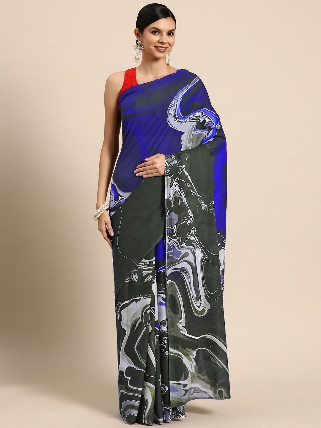 

BUTA BUTI Abstract Printed Cotton Saree, Blue