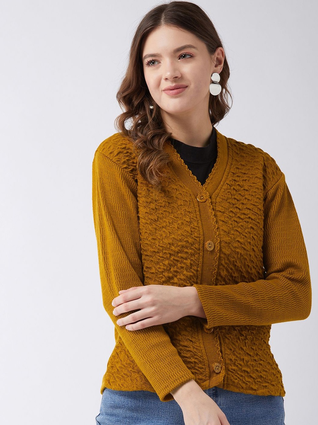 

PIVL Women Self Design Cardigan, Mustard