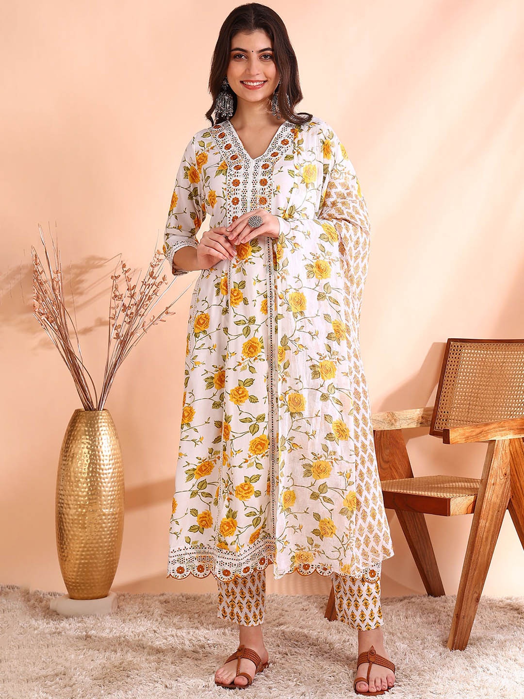 

Ode by House of Pataudi Thread Work Pure Cotton Anarkali Kurta with Trousers & Dupatta, Mustard