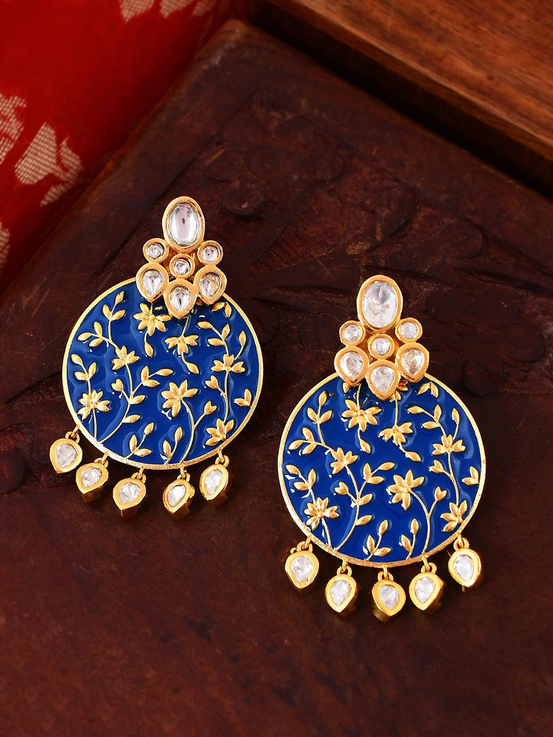 

Voylla Pashmina Yaalina Gold plated Kundan Studded Contemporary Enamelled Drop Earrings