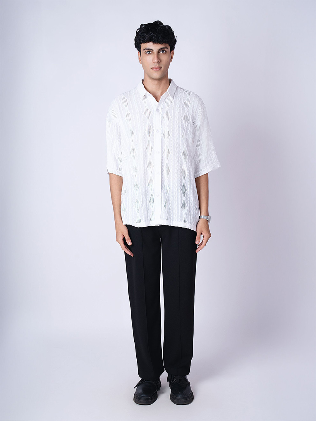 

HOP HEAD Unisex Relaxed Spread Collar Textured Polycotton Relaxed Fit Casual Shirt, White