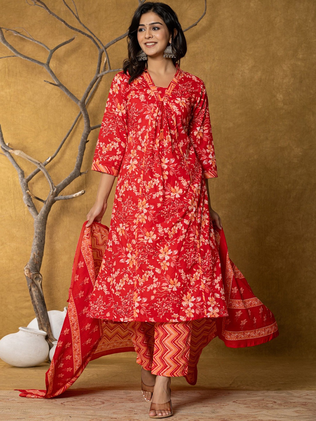 

Haute and Humble Floral Printed V-Neck Pure Cotton A-Line Kurta With Trousers & Dupatta, Red