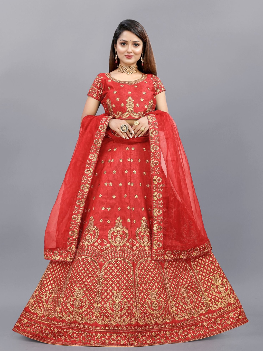 

APNISHA Embroidered Semi Stitched Lehenga & Unstitched Blouse With Dupatta, Red