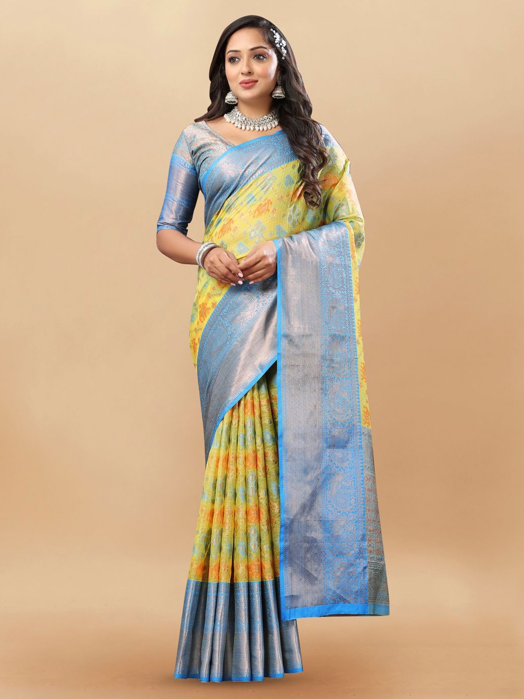 

MOKSHA DESIGNS Woven Design Zari Pure Linen Kanjeevaram Saree, Blue