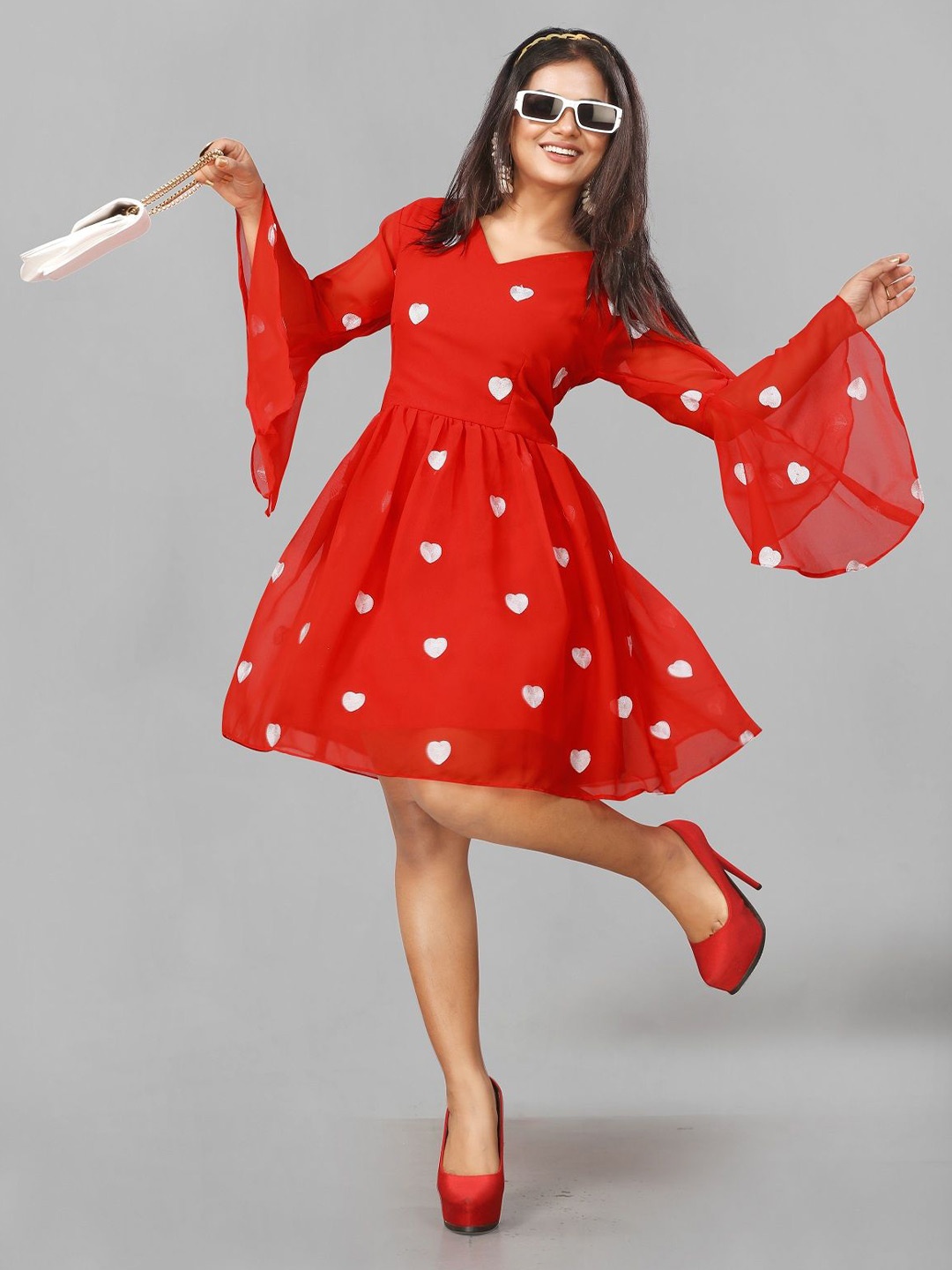 

APNISHA Polka Dot Embroidered Bell Sleeve Georgette Fit & Flare Dress, Red