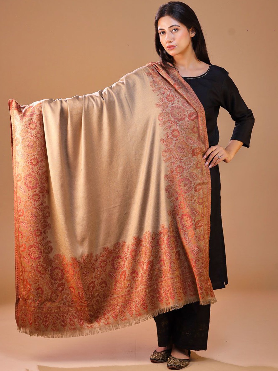 

SWI Stylish Ethnic Motifs Woven Design Woolen Shawl, Beige