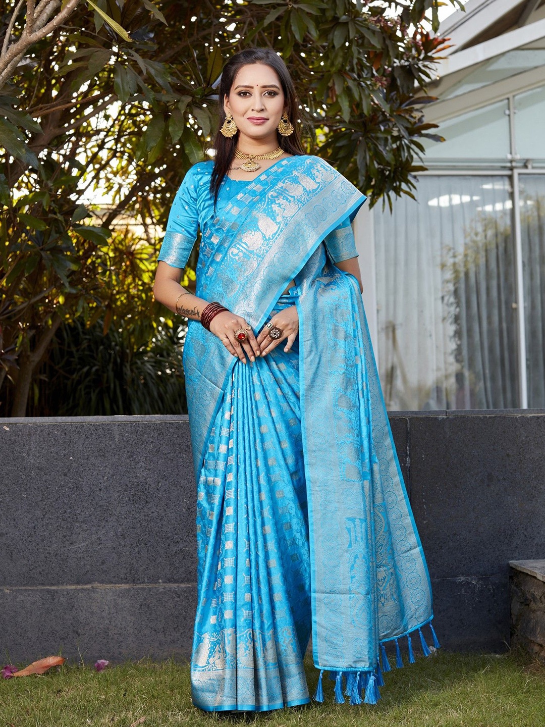 

Anaita Woven Design Banarasi Saree With Zari Border, Turquoise blue