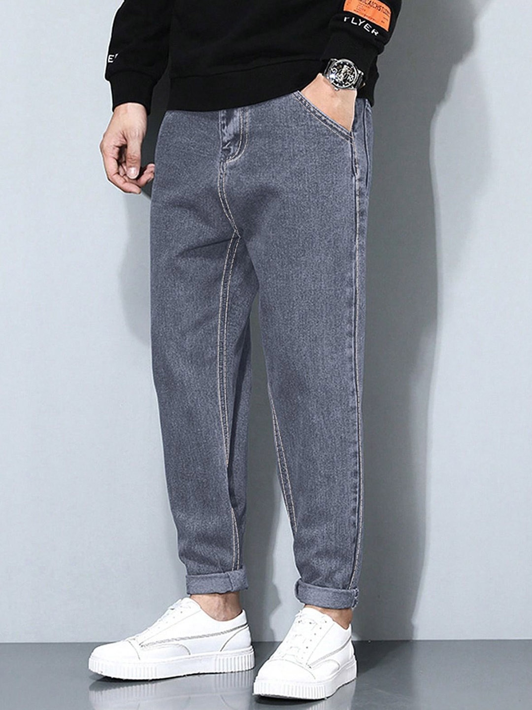 

Ben Martin Men Carrot Tapered Fit High-Rise Stretchable Jeans, Grey