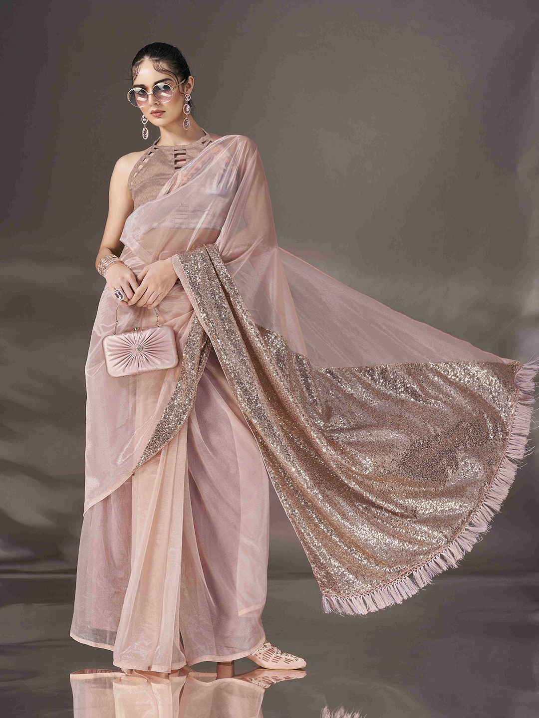 

Tikhi Imli Sequinned Net Heavy Work Saree, Beige