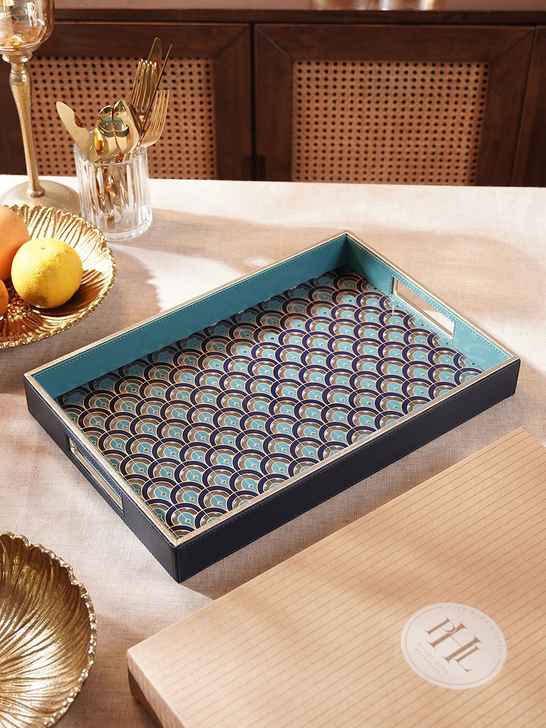 

Pure Home and Living Blue & Teal Green Printed Glass Serving Tray