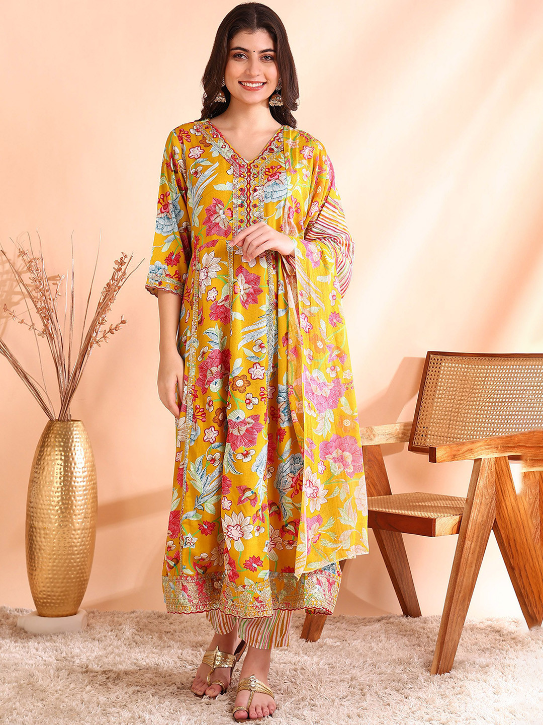 

Ode by House of Pataudi Mirror Work Pure Cotton A Line Kurta with Trousers & Dupatta, Mustard