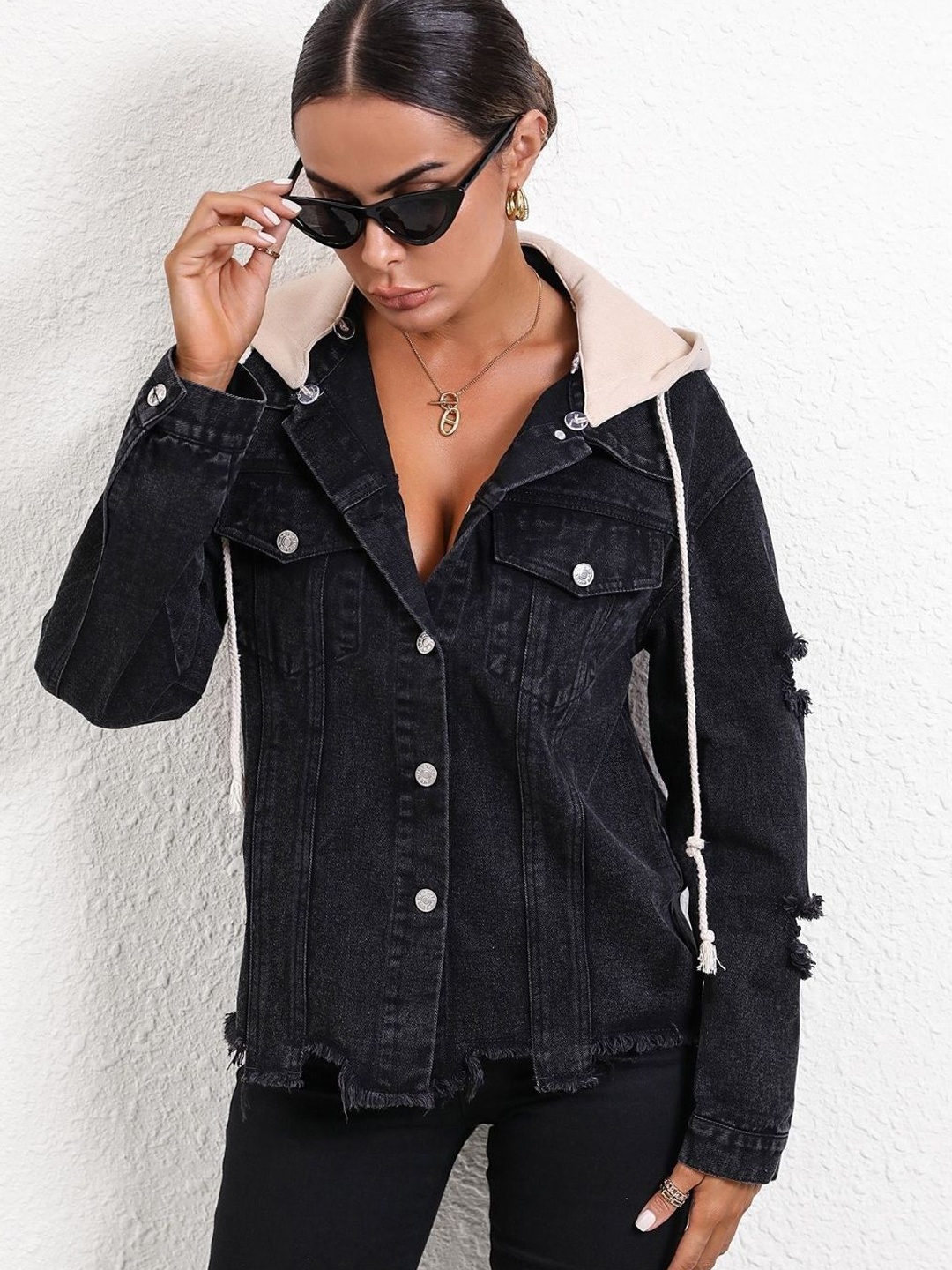 

KPOP Women Washed Denim Jacket, Black