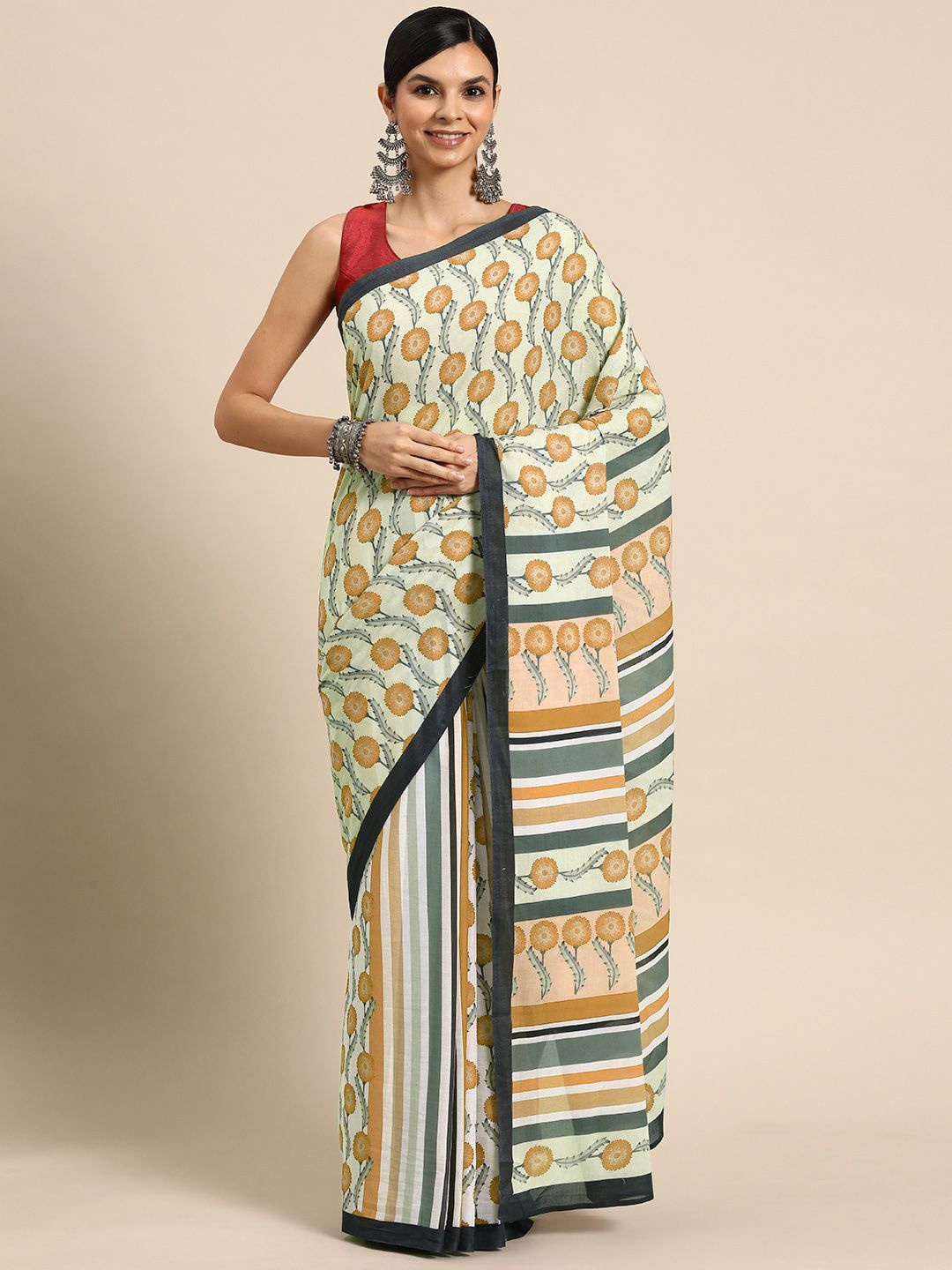 

BUTA BUTI Floral Pure Cotton Saree, Mustard