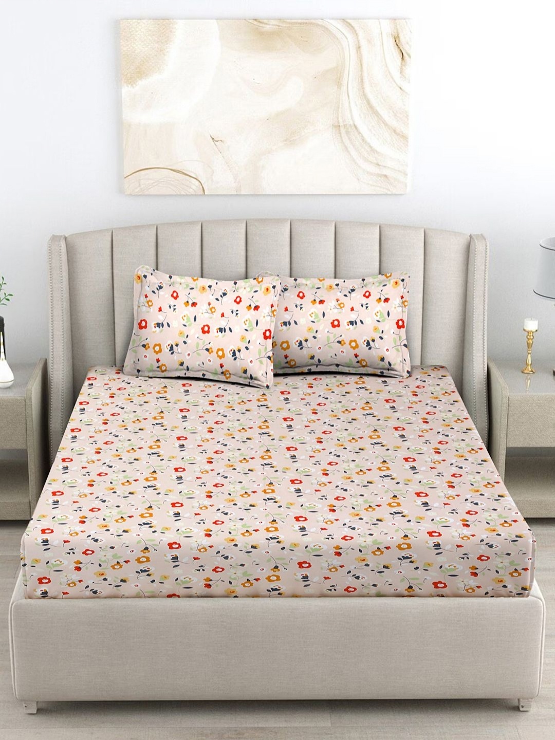 

FABINALIV Peach Coloured & Red Floral 300 TC King Size Double Bedsheet with 2 Pillow Cover