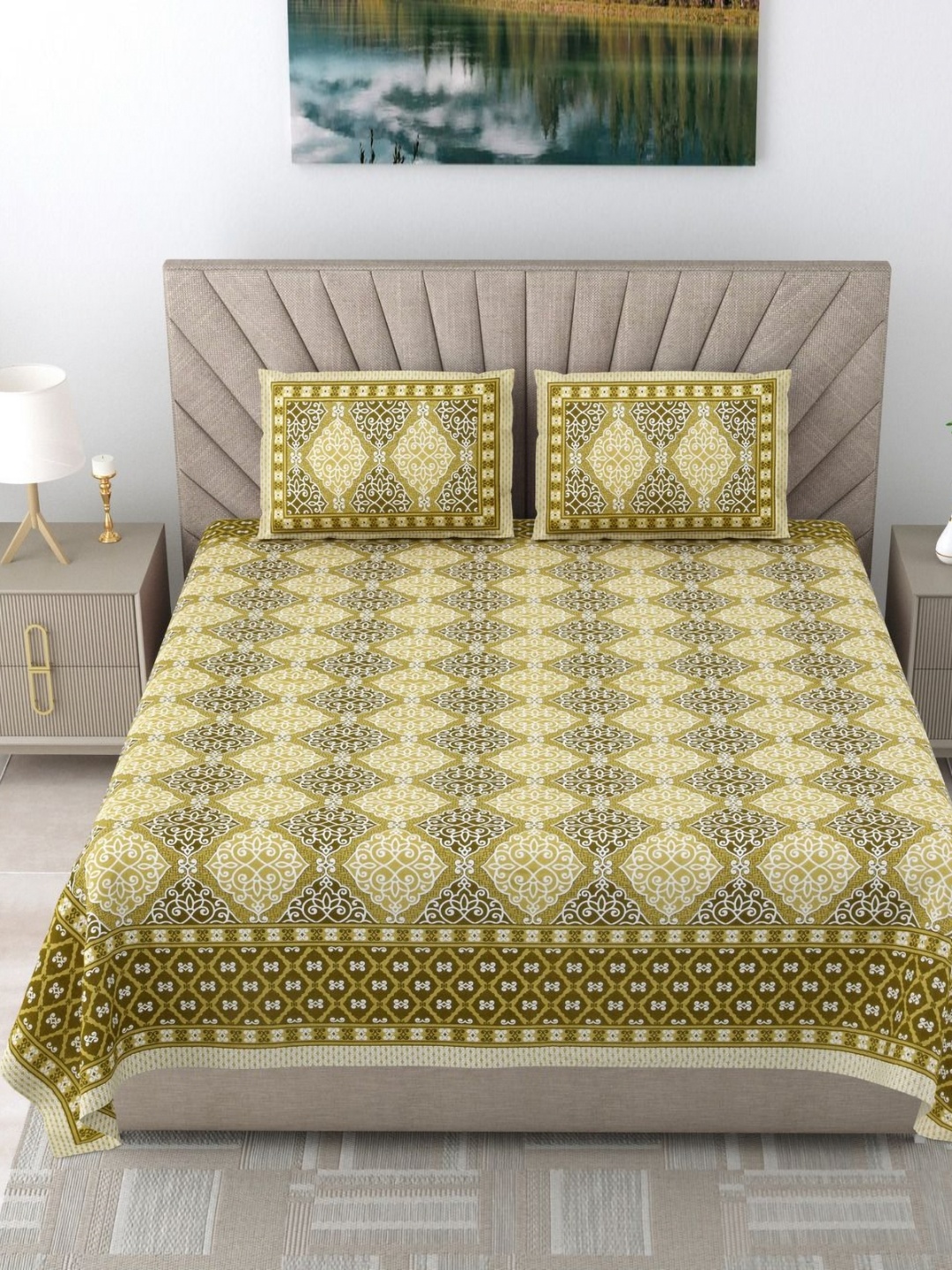 

SHOOLIN Mustard Yellow Ethnic Printed 160 TC Cotton Super King Bedsheet & 2 Pillow Covers
