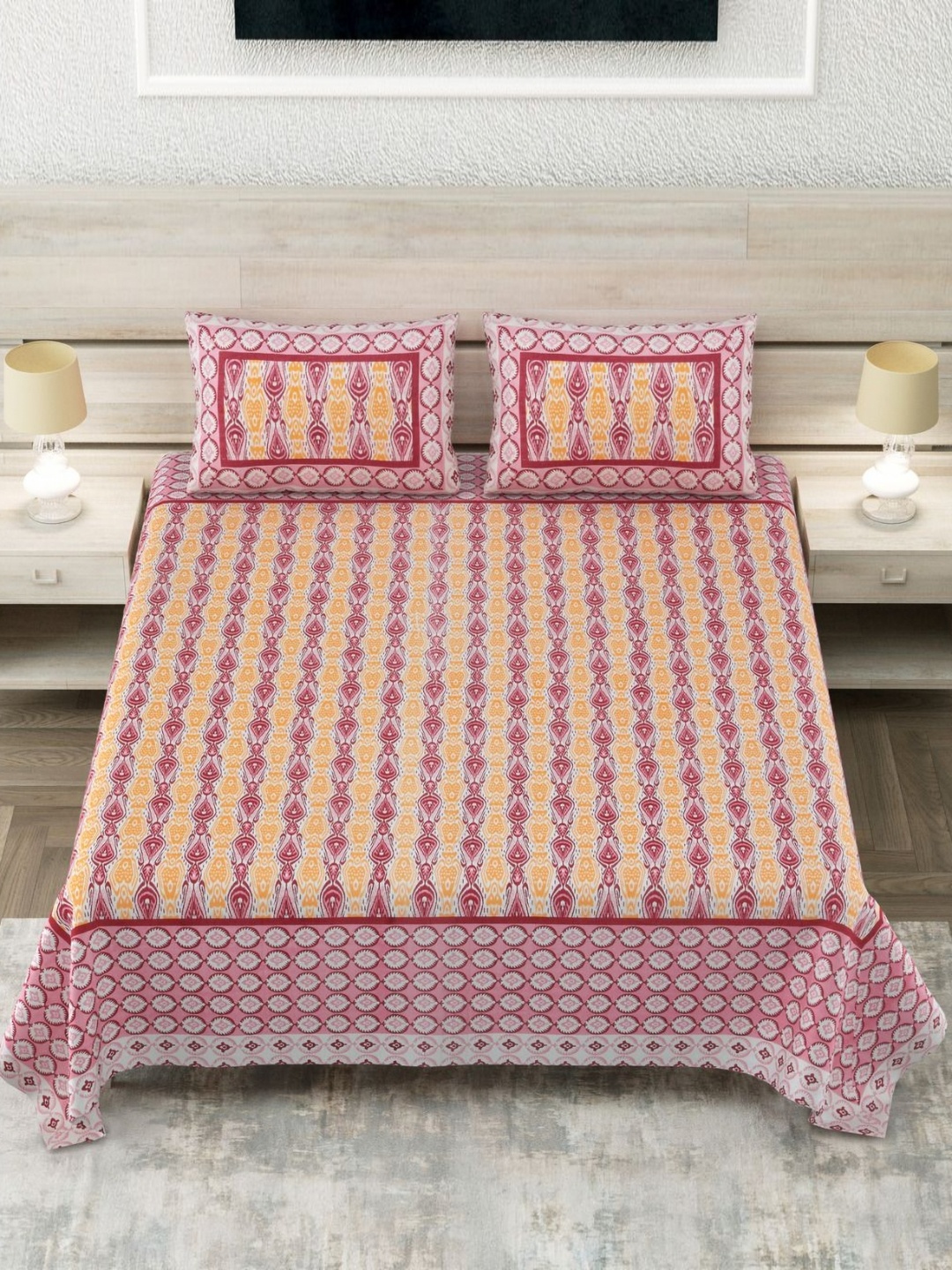 

SHOOLIN Yellow & Red Floral 160 TC Pure Cotton Super King Bedsheet & 2 Pillow Covers