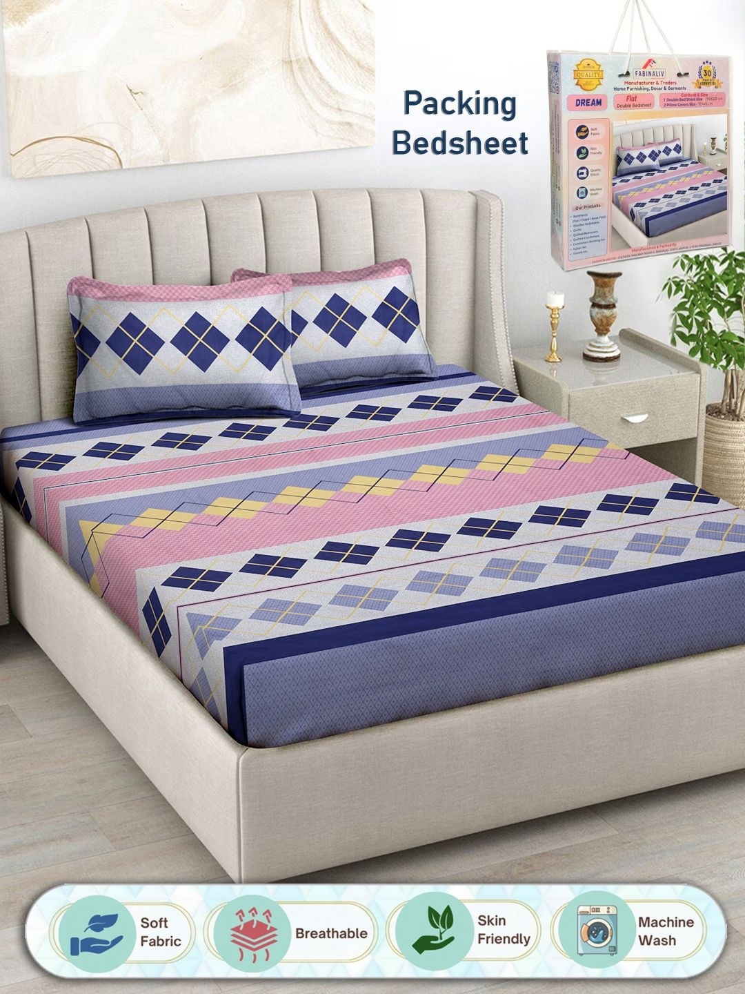 

FABINALIV Blue & Pink Geometric 300 TC King Size Double Bedsheet with 2 Pillow Covers