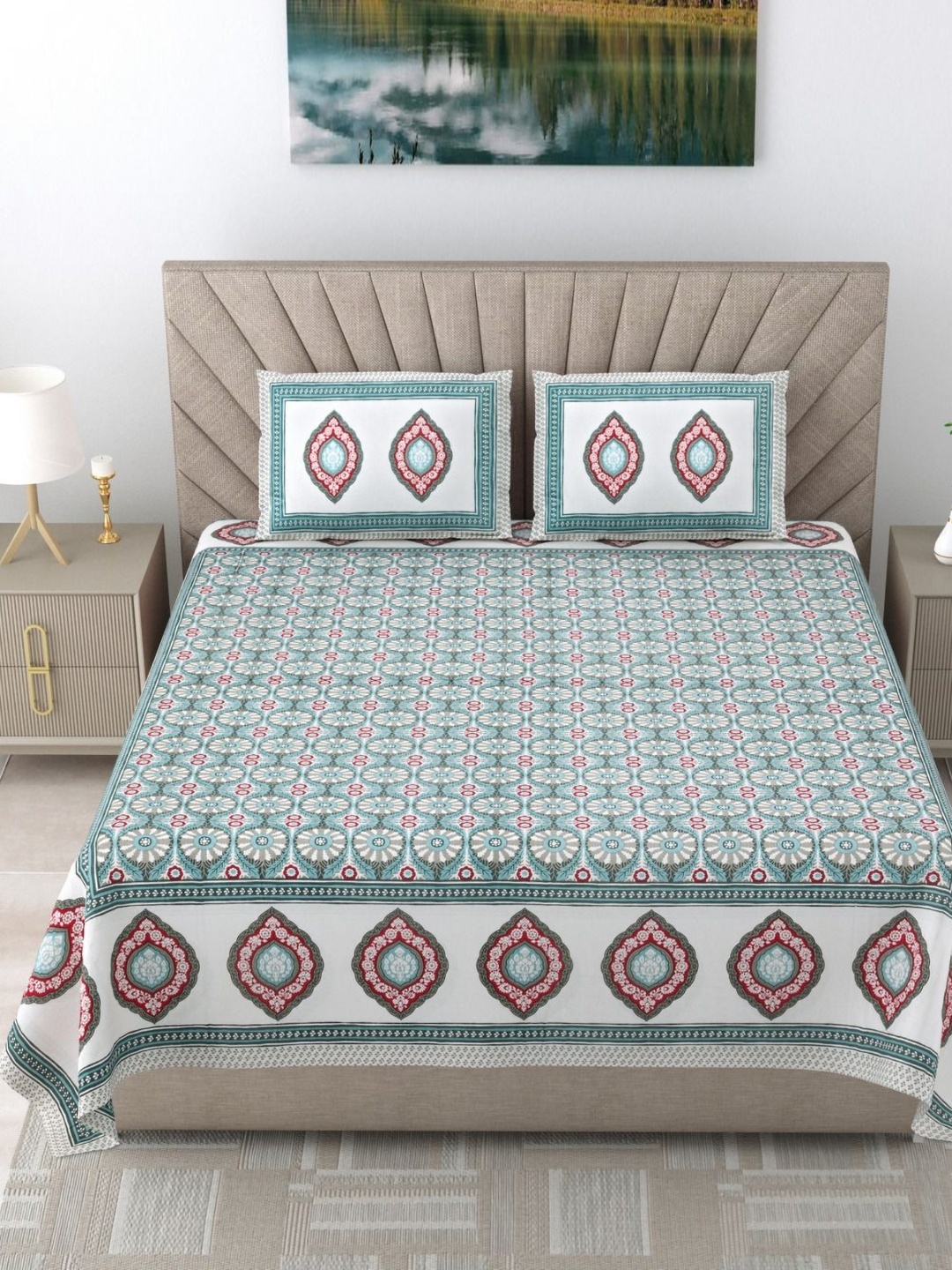 

SHOOLIN Taupe Ethnic Motifs Printed 160 TC Cotton Super King Bedsheet & 2 Pillow Covers