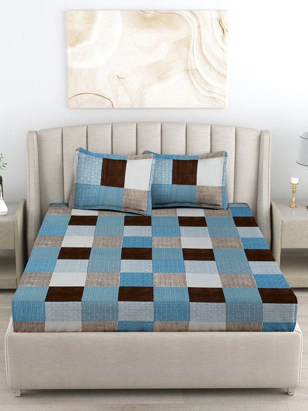 

FABINALIV Blue & Brown Geometric 300 TC King Size Double Bedsheet with 2 Pillow Covers