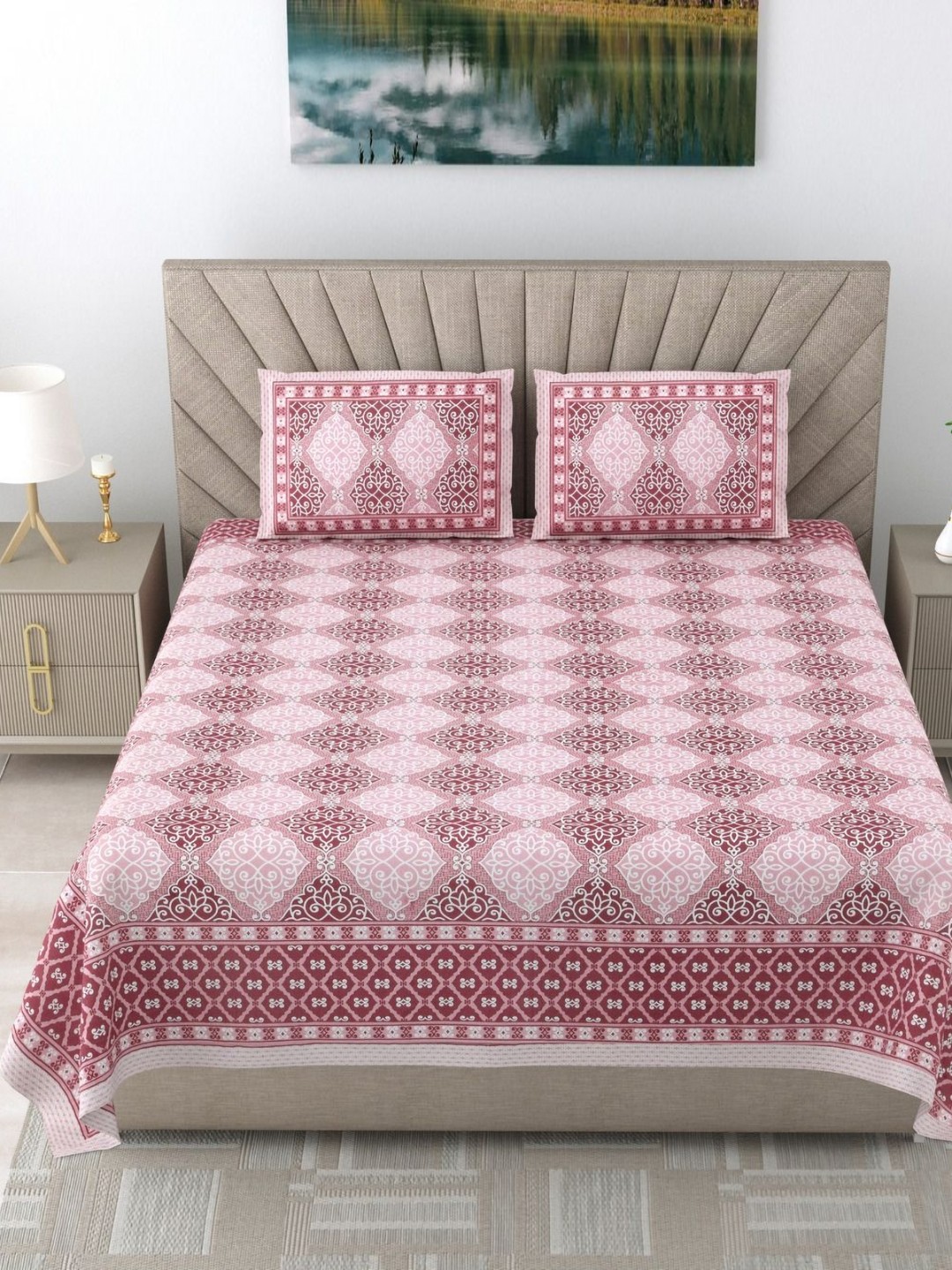 

SHOOLIN Purple Ethnic Motifs Printed 160 TC Cotton Super King Bedsheet & 2 Pillow Covers