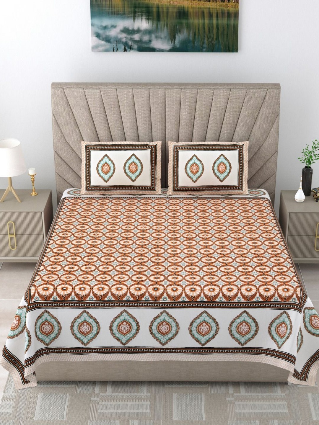 

SHOOLIN Peach Ethnic Motifs Printed 160 TC Cotton Super King Bedsheet & 2 Pillow Covers