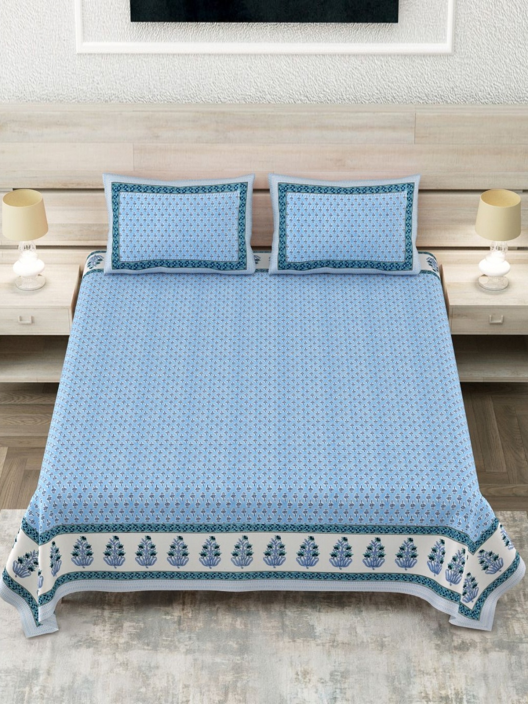 

SHOOLIN Blue Ethnic Motifs Printed 160 TC Cotton Super King Bedsheet & 2 Pillow Covers