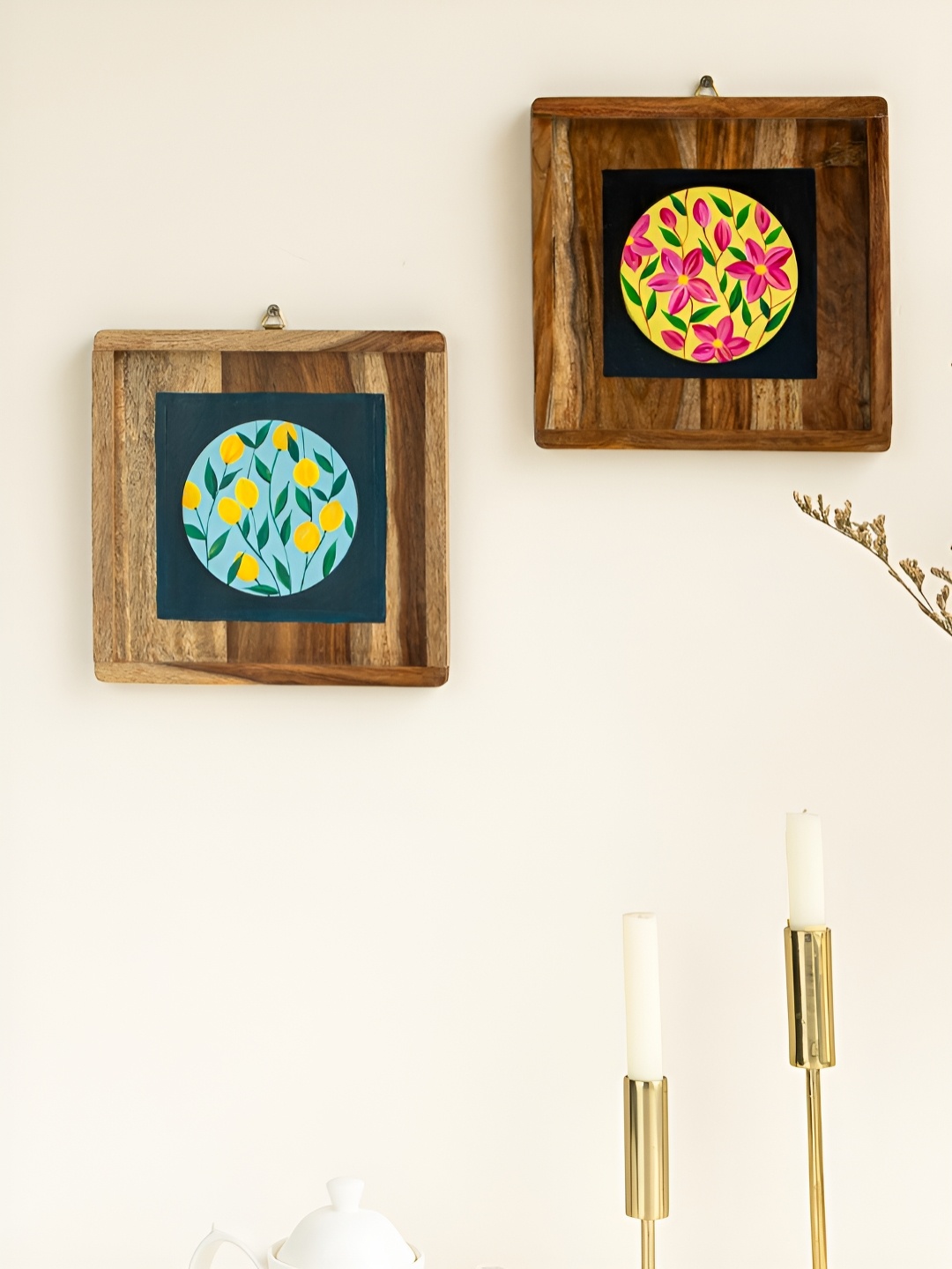 

Mirai Woods Blue & Yellow 2 Pieces Floral Wooden Hanging Wall Plates Wall Decor