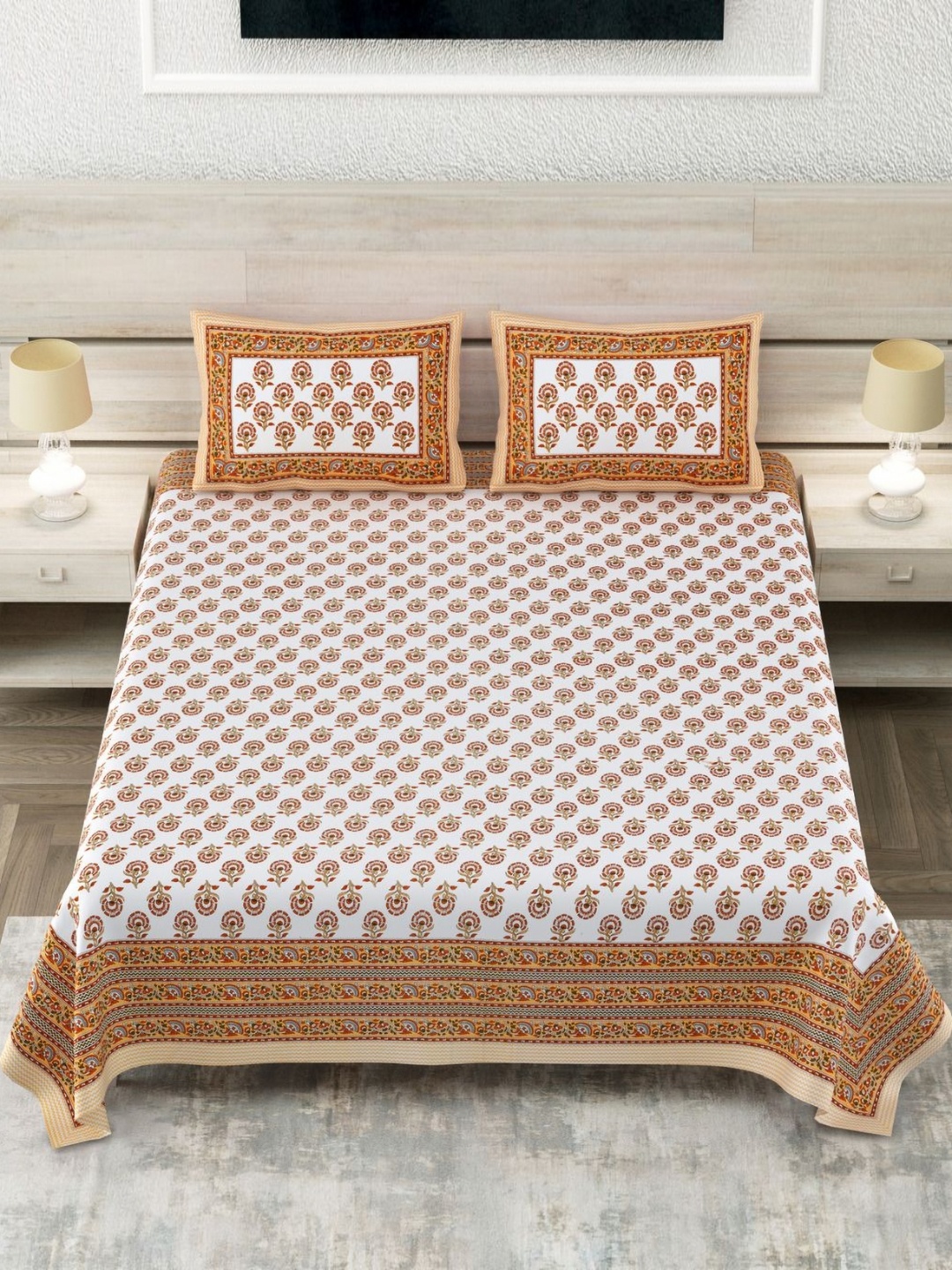 

SHOOLIN Orange Ethnic Motifs Printed 160 TC Cotton Super King Bedsheet & 2 Pillow Covers