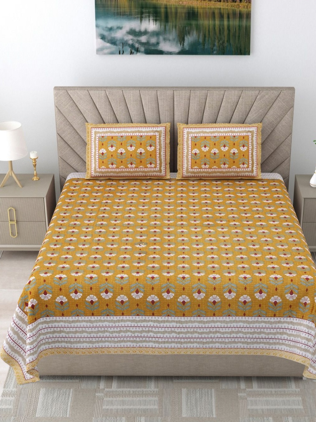 

SHOOLIN Yellow Ethnic Motifs Printed 160 TC Cotton Super King Bedsheet & 2 Pillow Covers